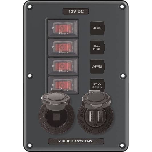 Blue Sea 4321 Circuit Breaker Switch Panel 4 Position Gray w12V Socket Dual USB 4321