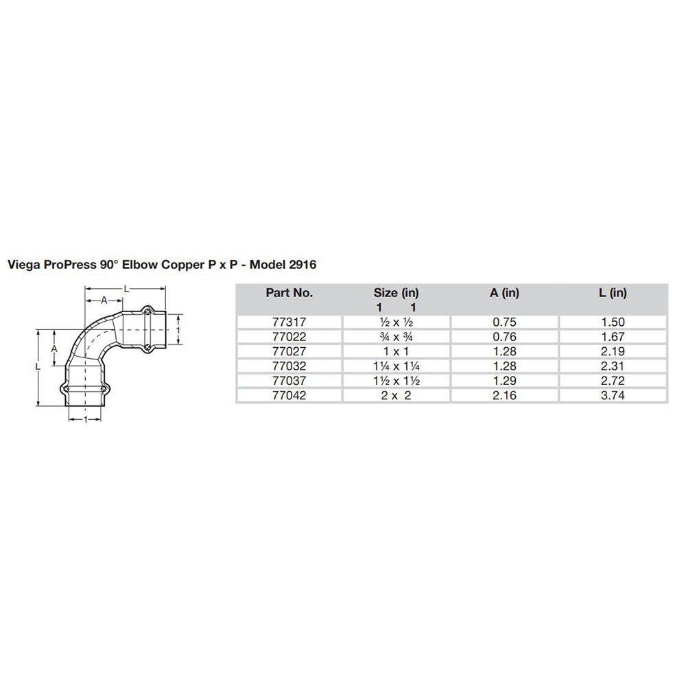 Viega ProPress 2 90 Copper Elbow Double Press Connection Smart Connect Technology 77042