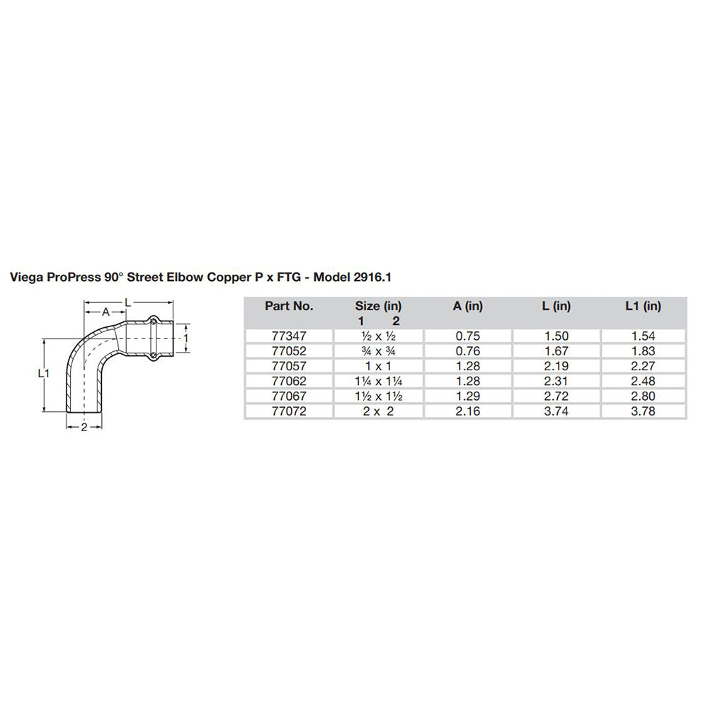 Viega ProPress 112 90 Copper Elbow StreetPress Connection Smart Connect Technology 77067