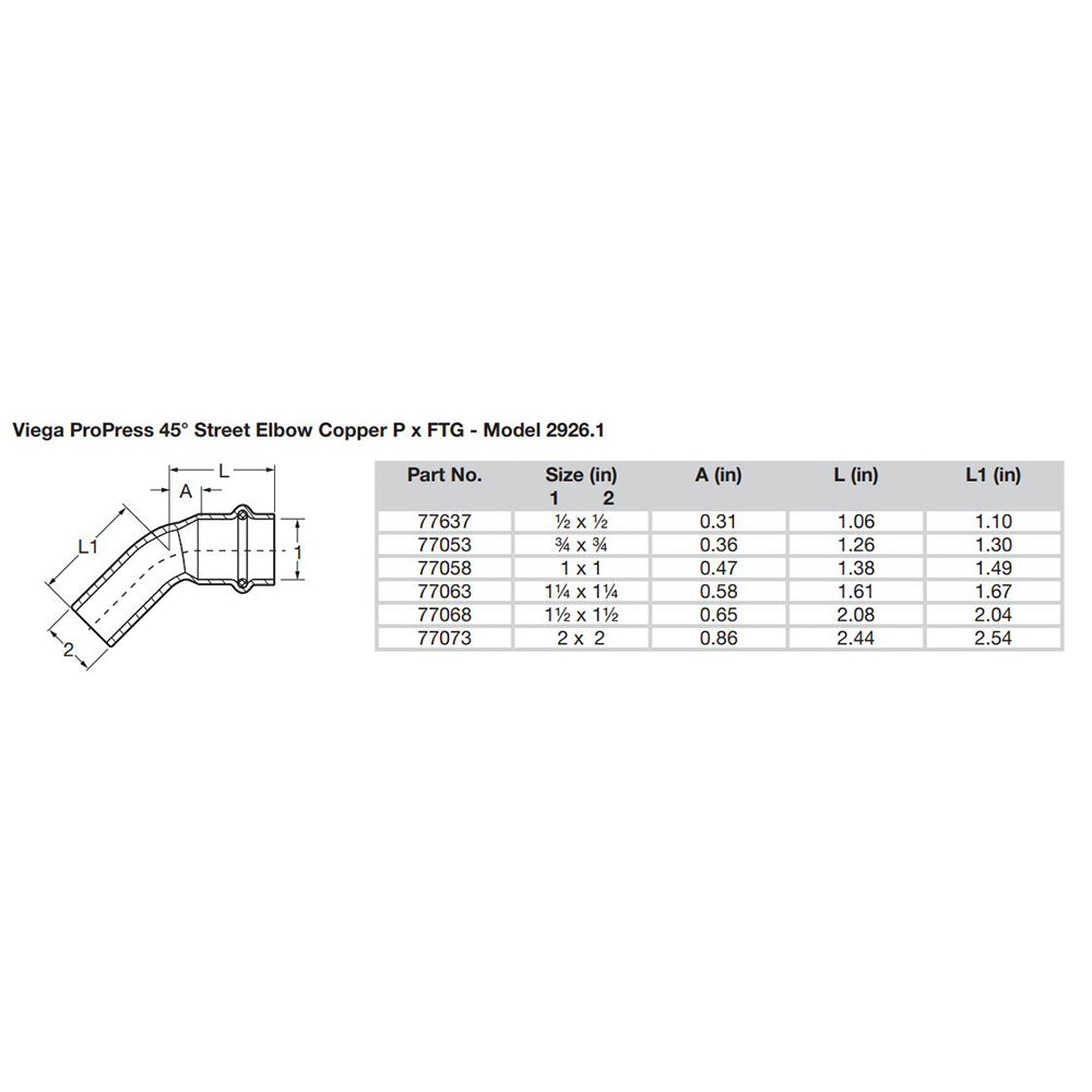 Viega ProPress 112 45 Copper Elbow StreetPress Connection Smart Connect Technology 77068