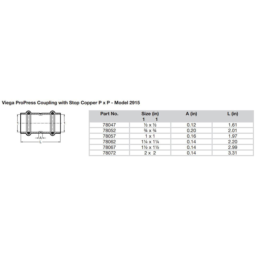 Viega ProPress 12 Copper Coupling wStop Double Press Connection Smart Connect Technology 78047