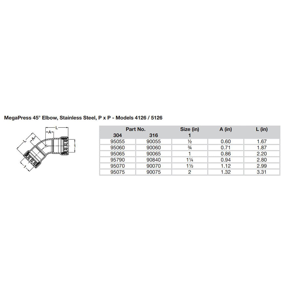 Viega MegaPress 2 45 Stainless Steel 304 Elbow Double Press Connection Smart Connect Technology 95075