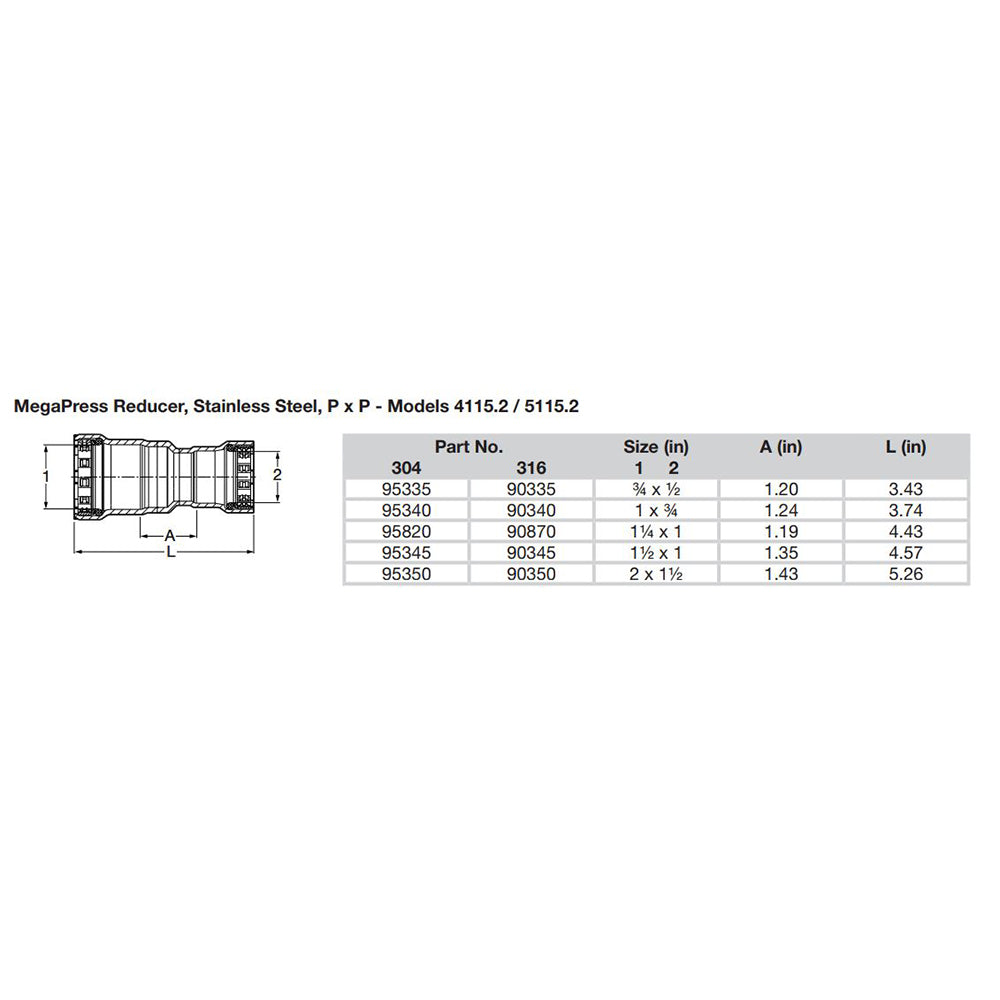 Viega MegaPress 1 x 34 Stainless Steel 304 Reducer Double Press Connection Smart Connect Technology 95340