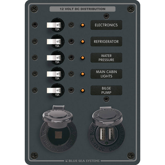 Blue Sea 8120 5 Position 12V Panel wDual USB 12V Socket 8120