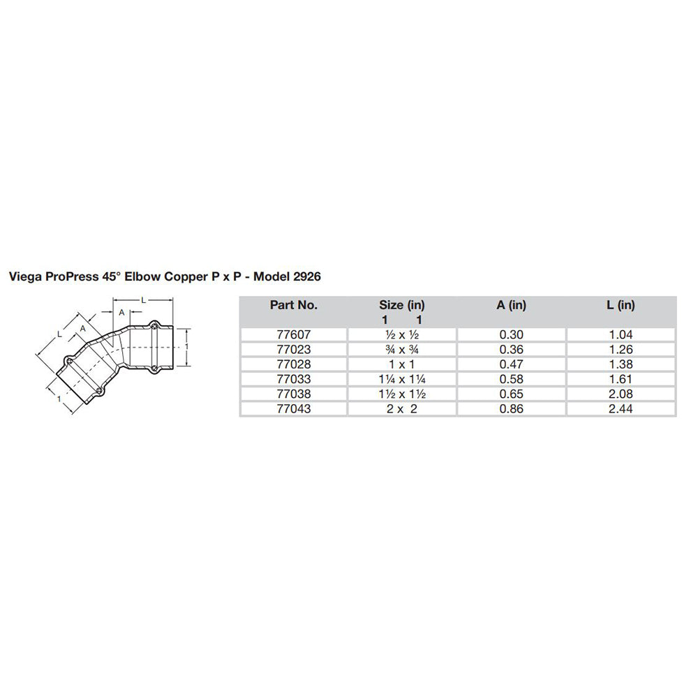 Viega ProPress 34  45 Copper Elbow  Double Press Connection  Smart Connect Technology 77023